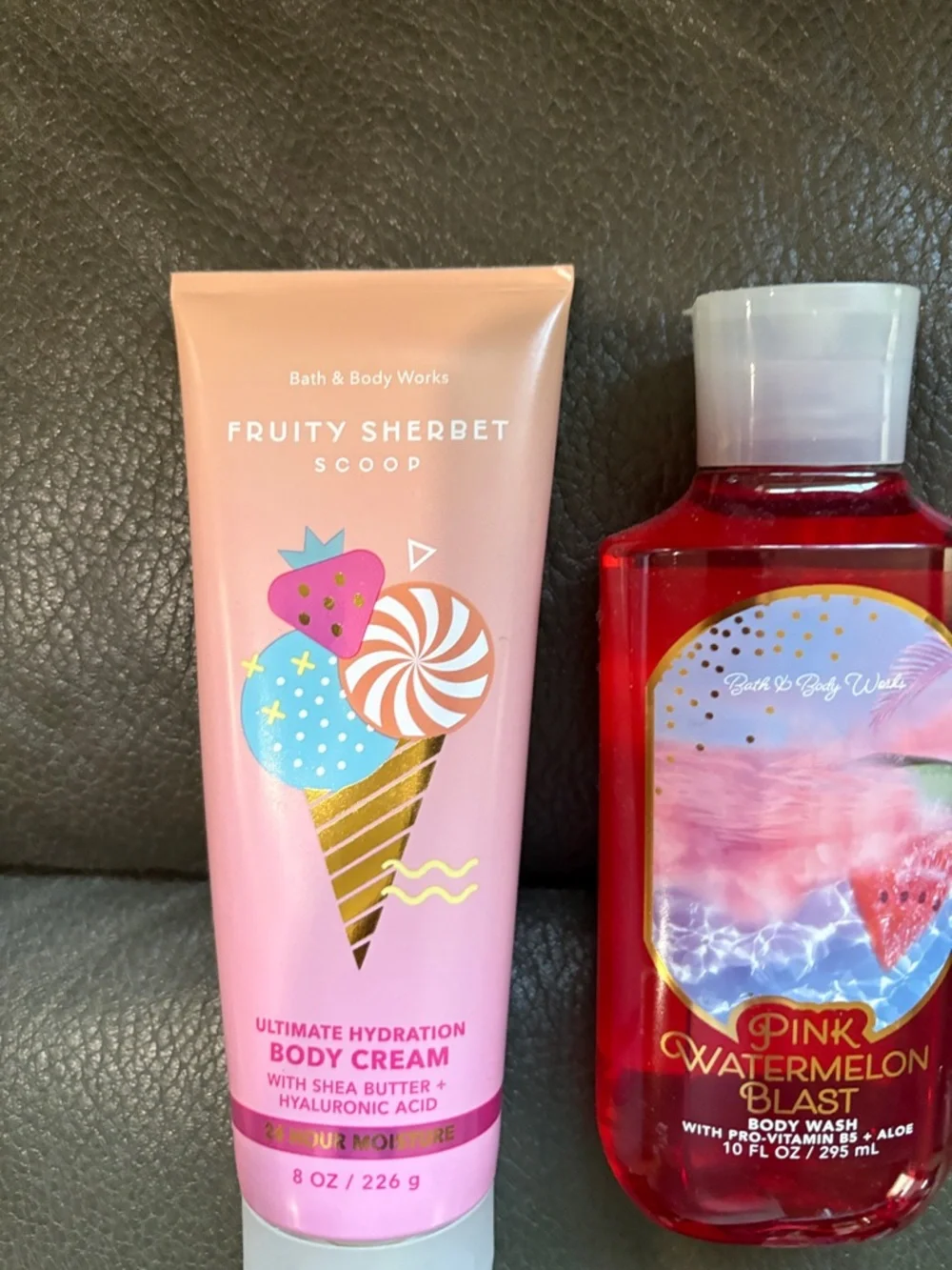 Bath and body summer set in fruity sherbet scoop and pink watermelon blast